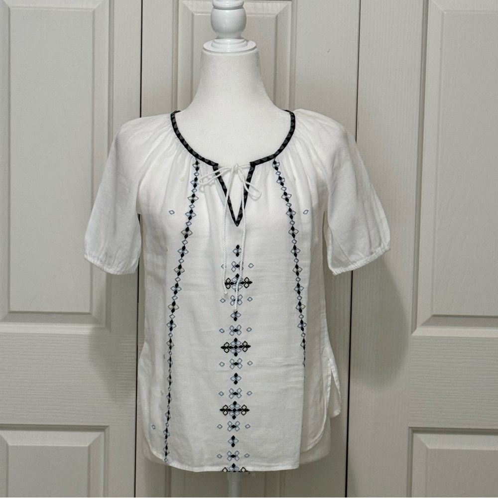 LOFT Petite Embroidered Cotton Puff Sleeve Split Neck Tie Blouse White Navy